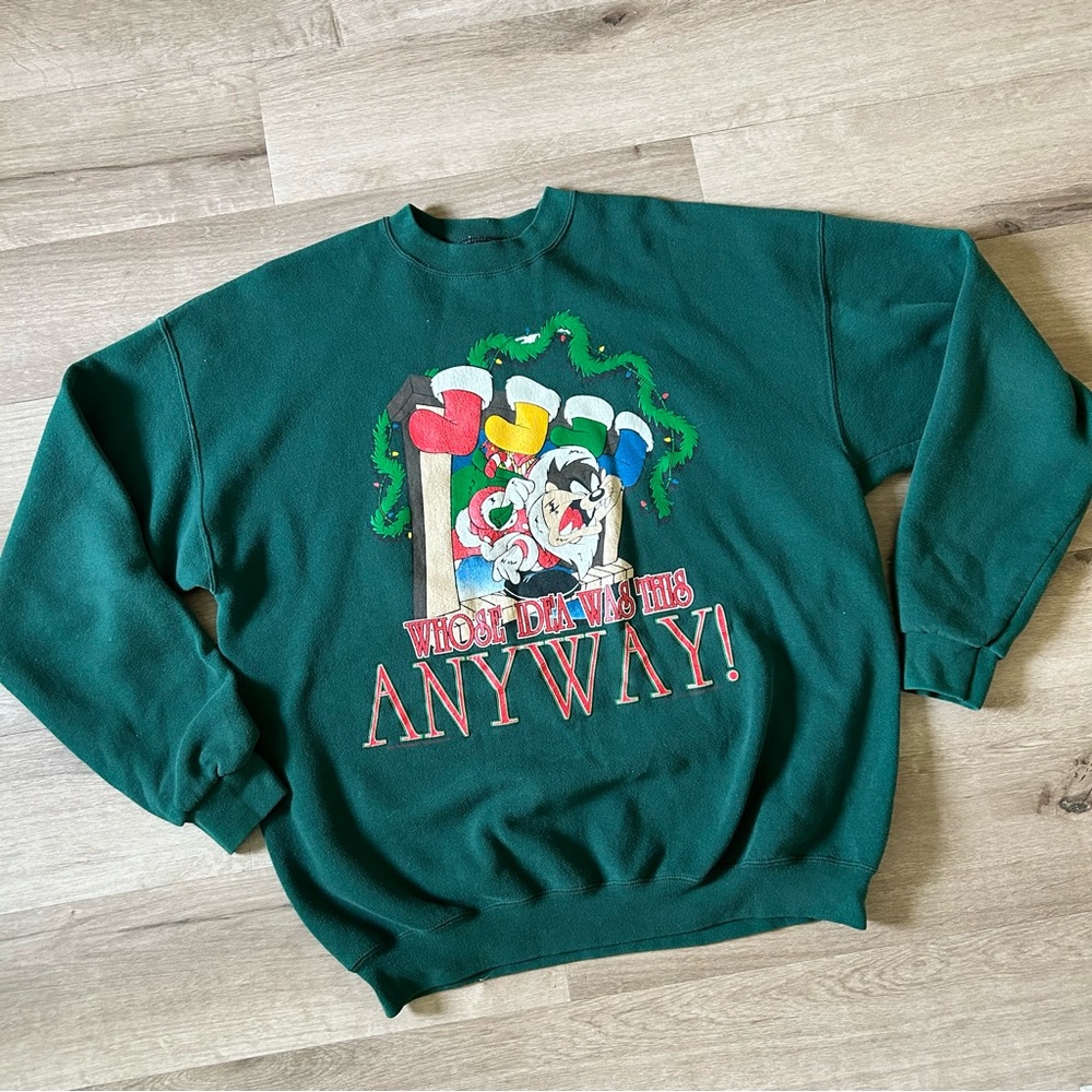 Vintage 90s Looney Tunes Christmas Sylvester Green Sweatshirt XL